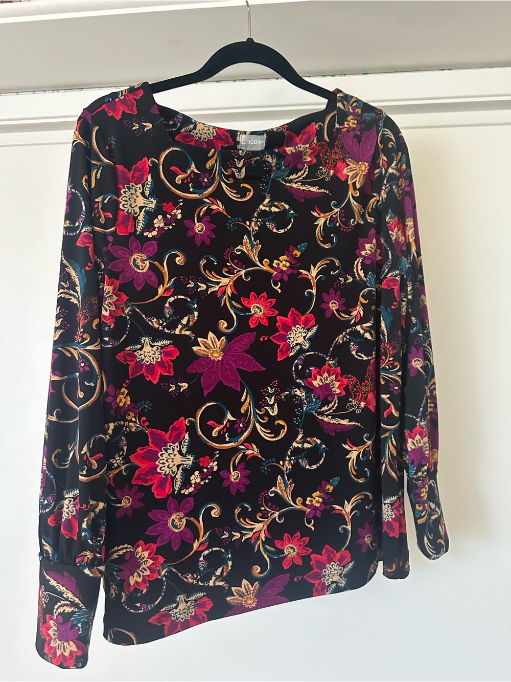Chico's Black Floral  Long-Sleeve Top with Magenta & Gold Accents